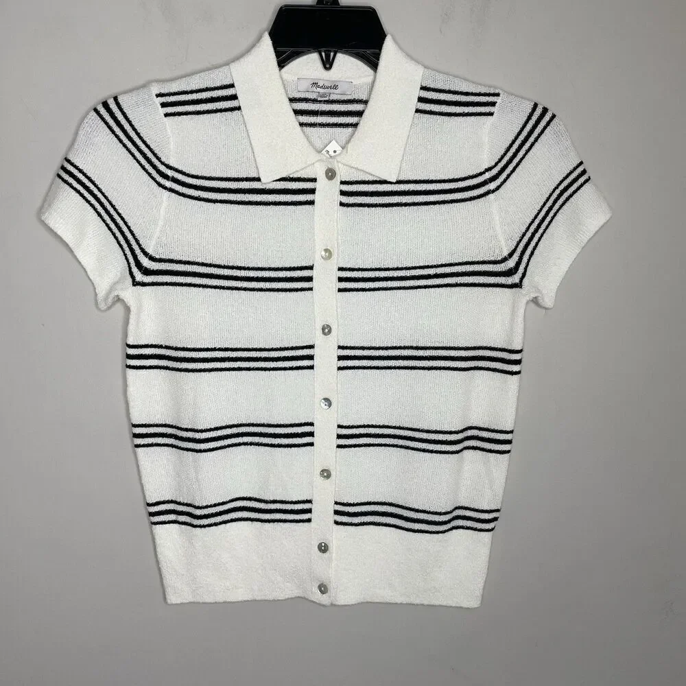 MADEWELL Sweater Women XS Polo Knit Tee NEW Ivory Stripe Short Sleeve NQ341 - Picture 1 of 14